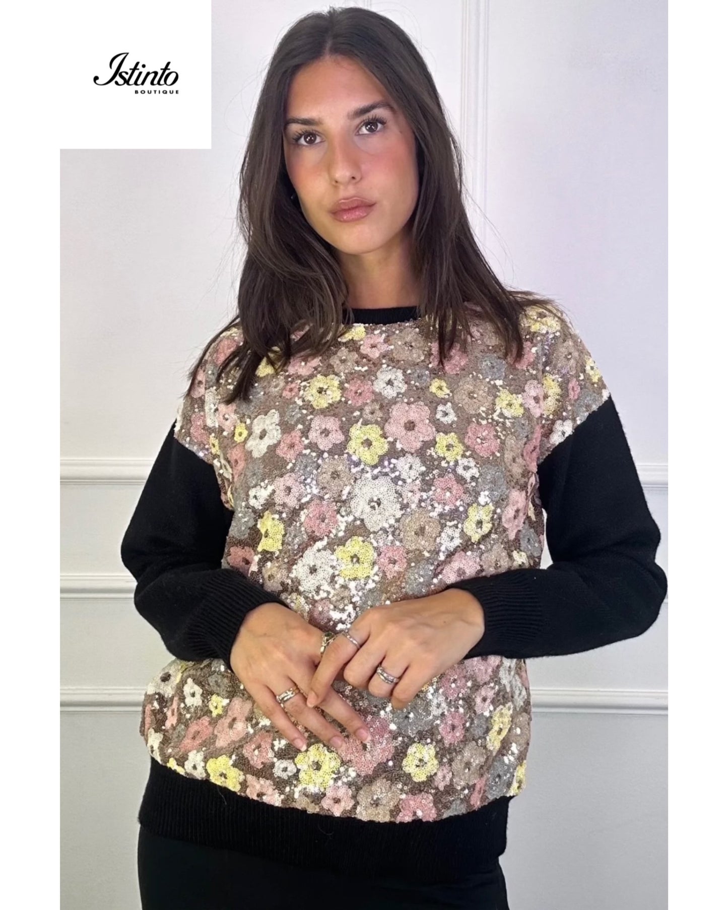 Maglione fantasia a fiori in paillettes