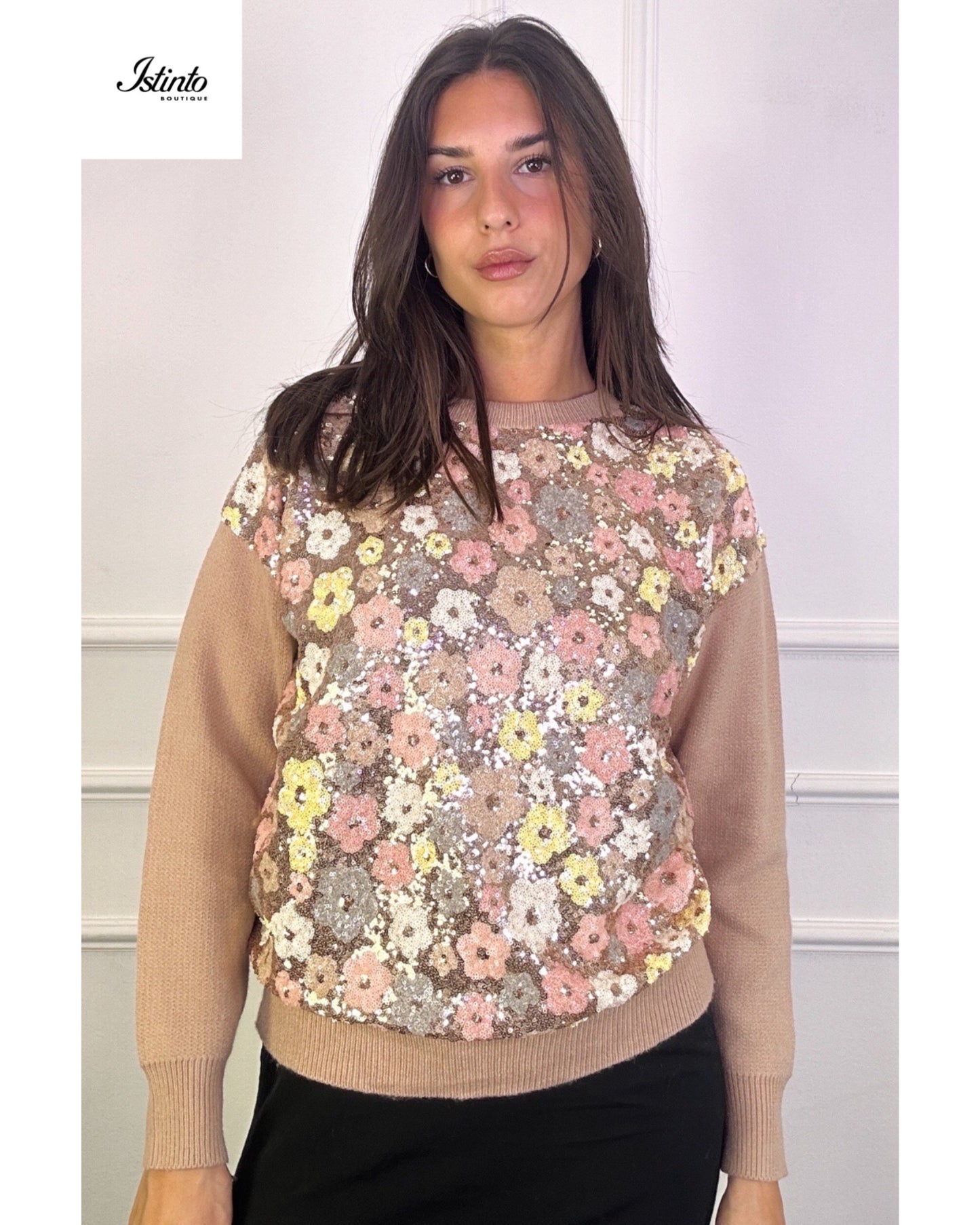 Maglione fantasia a fiori in paillettes